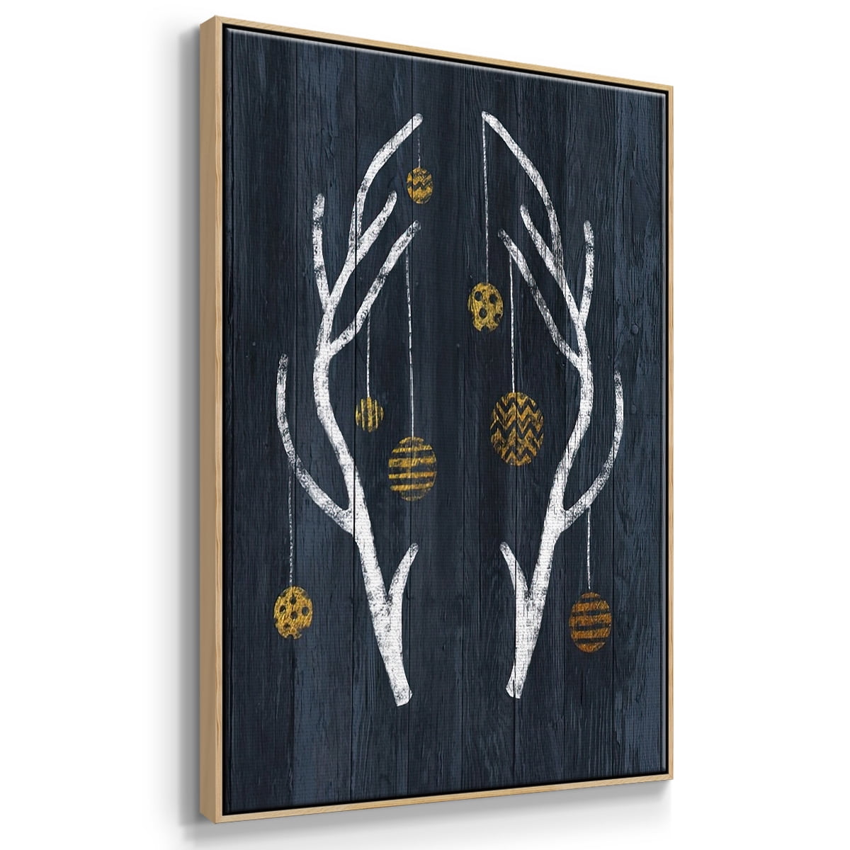 Antlers & Ornaments - Framed Gallery Wrapped Holiday Canvas - 17 x 25 - Natural Wood Frame