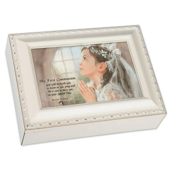 Cottage Garden First Communion Girl Ivory Jewelry Music Box Plays Tune Ave Maria