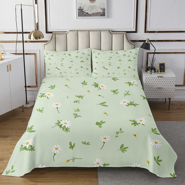 YST Green Daisy Bedspread Set King Size 3Pcs Nature Floral Quilt Set Daisy Flower Coverlet Set