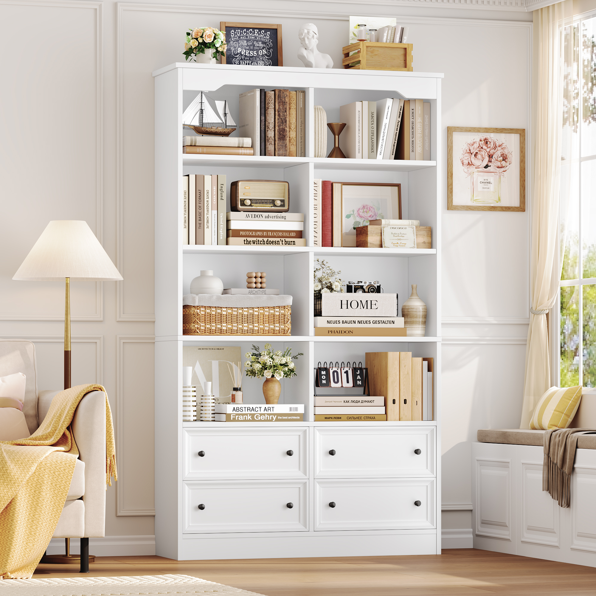 Homfa Double Row 6-Tier Bookcase with Drawers, 71 Inch, White photo 6