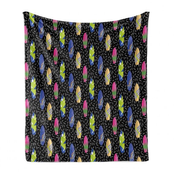 Surfboard Soft Flannel Fleece Throw Blanket, Colorful Boards in Memphis 80s Retro Style Abstract Summer Themed Fun Pattern, Cozy Plush for Indoor and Outdoor Use, 70" x 90", Multicolor, by Ambesonne