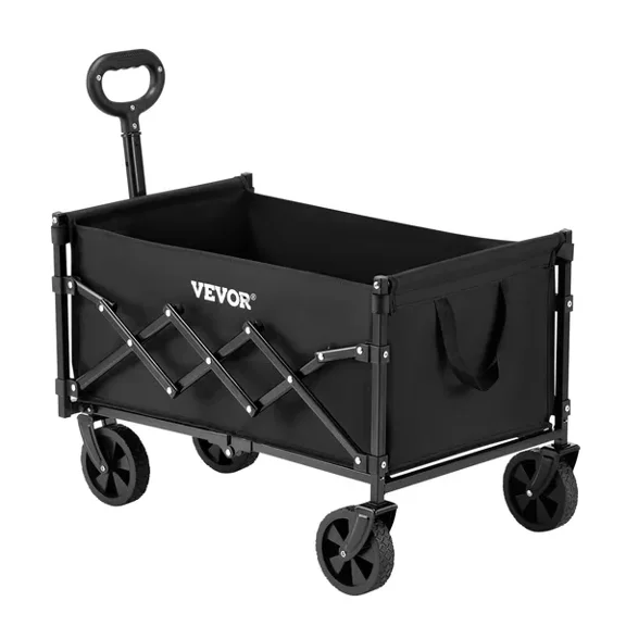 Collapsible Wagon Cart 120L 225LBS Capacity All Terrain Wheels Heavy Duty Folding Utility Cart Adjustable Handle Portable for Camping Beach Grocery Garden Black