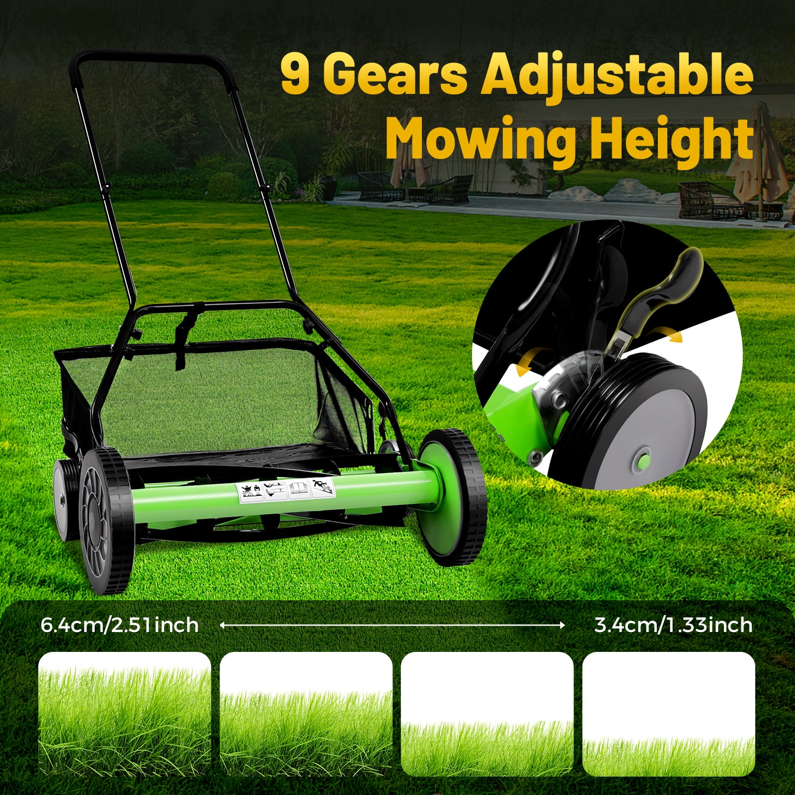 Wildnix Walk-Behind Lawn Mower – Sharp 65 Manganese Steel Blades, Adjustable Height, Quiet Operation