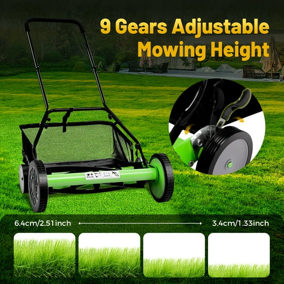 20" Manual Lawn Mower Hand Push Reel Walk-Behind Grass Catcher Adjustable Height