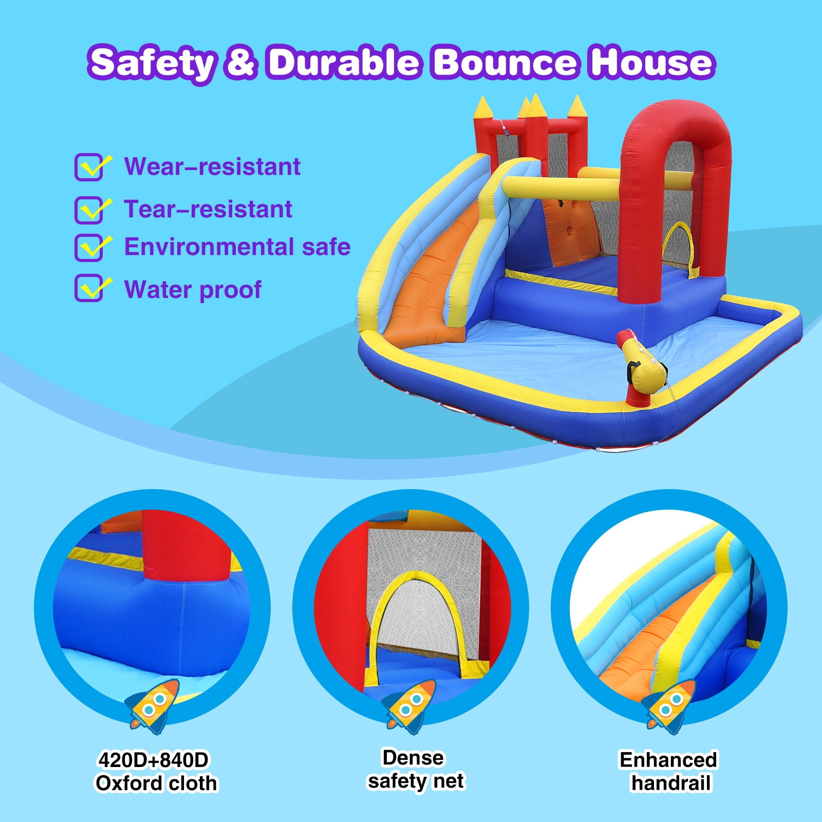 JOYLDIAS Kids Inflatable Water Slide Bounce House Splash Pool,Jumping Climbing with Air Blower,Water Guns