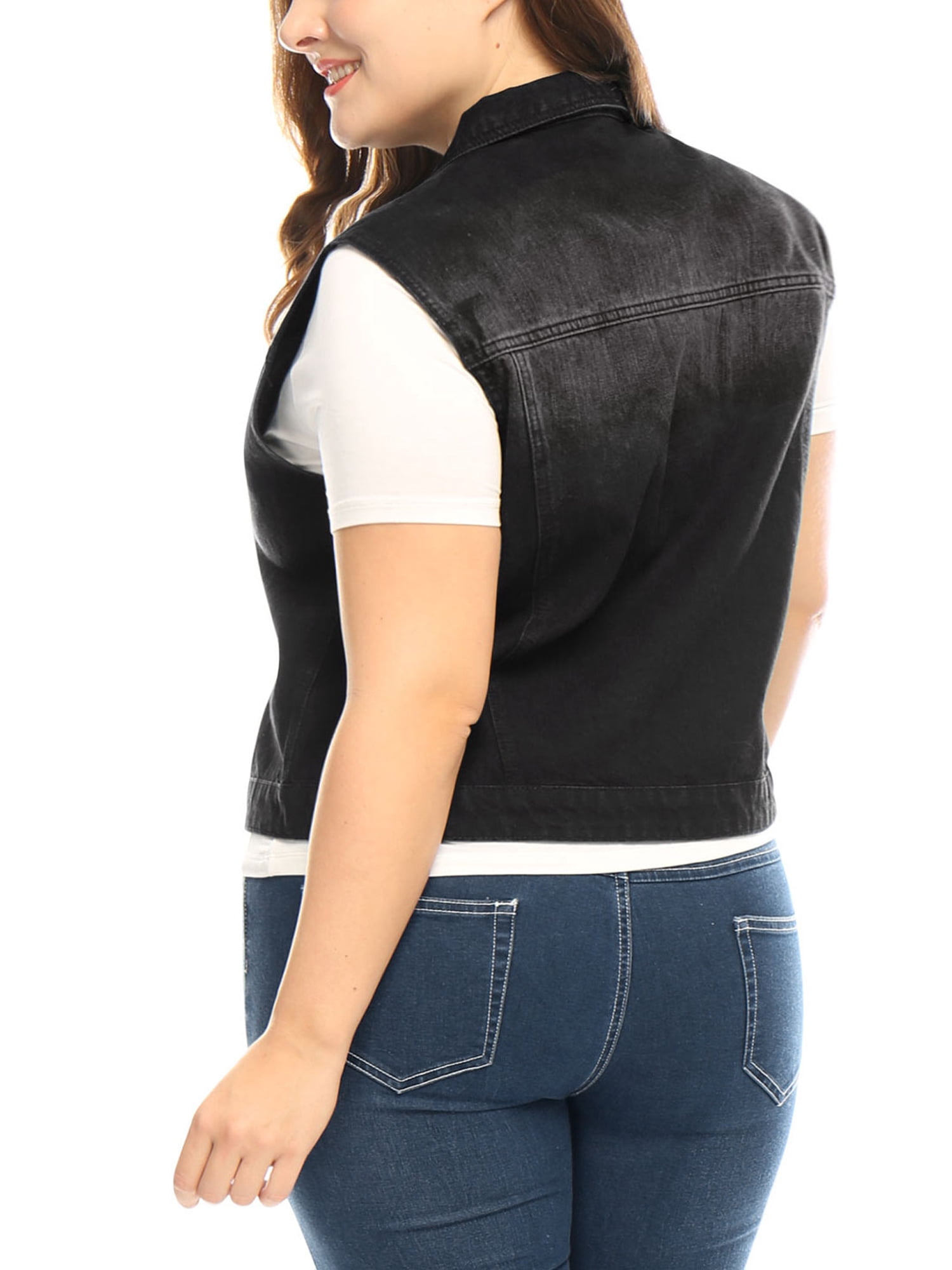 Unique Bargains Juniors' Plus Size Chest Pockets Single Breasted Denim Vest