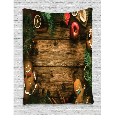 - Christmas Decorations Wall Hanging Tapestry, Gingerbread Man Gift Box Image Pine Cinnamon Dessert on Rustic Wood Xmas Themed, Bedroom Living Room Dorm, Brown Green, by Ambesonne