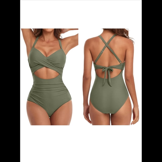 Trajes de Baño de una Pieza para Mujer, con Control de Abdomen, Corte Alto, Espalda Cruzada y Lazo. Verde XL