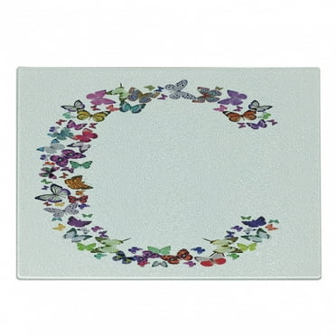 Letter C Cutting Board, Natural Grace Inspired Theme Butterflies Flying Together and Colorful Design, Decorative Tempered Glass Cutting and Serving Board, Small Size, Multicolor, by Ambesonne