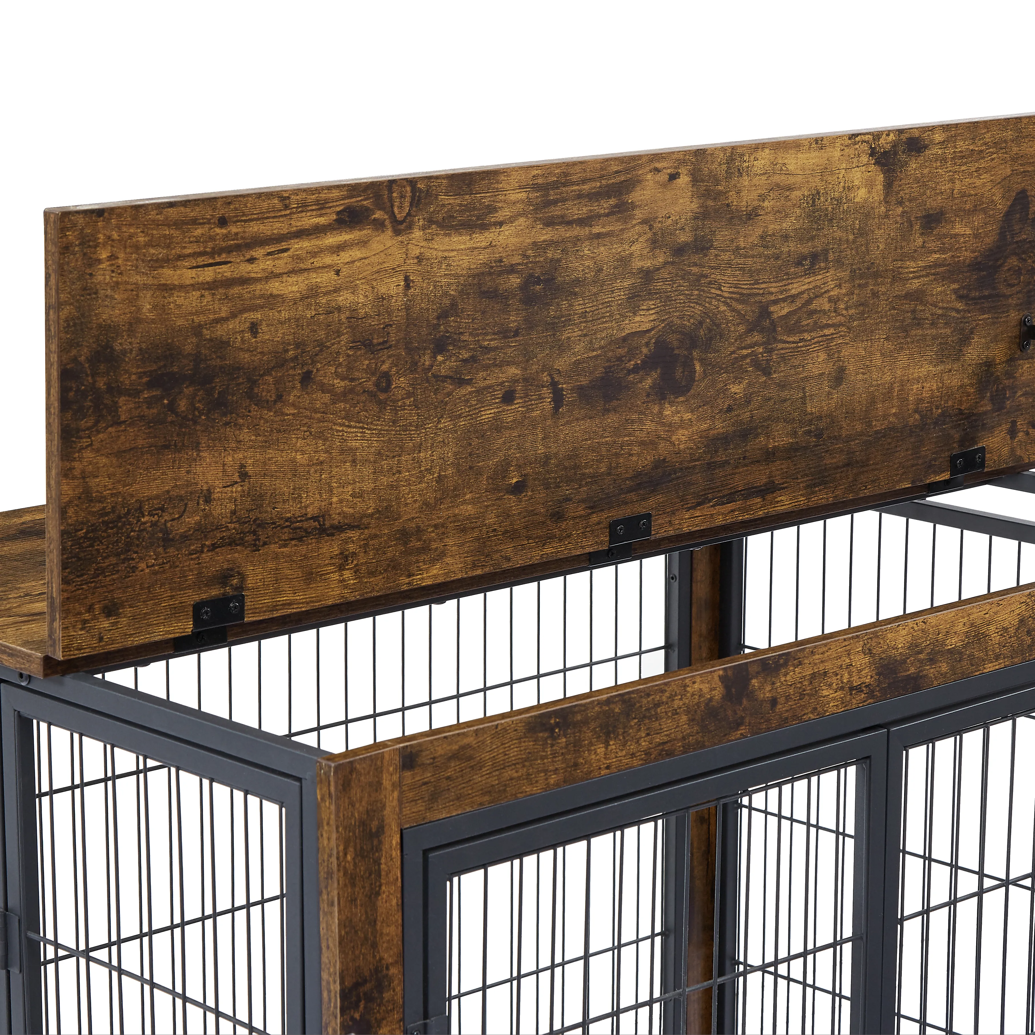 Pefilos 57" Wood Dog Crate Furniture with 3 Tier Shelves, kennel Equipped with Double Doors and A Raised Roof, Brown