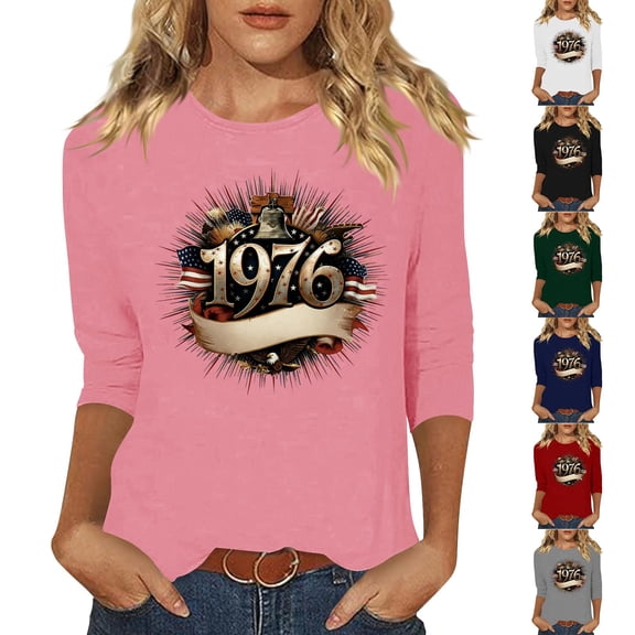 Women's Summer Tees Crew Neck 3/4 Length Sleeve Print Pullover Tops Vintage Casual 1976 Graphic T Shirts (XL, Pink)