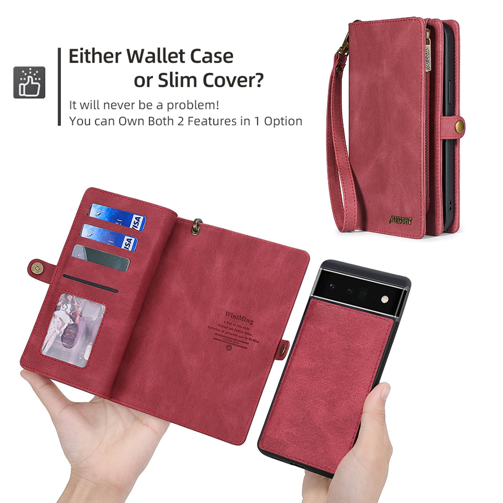 Defencase for Google Pixel 7 Pro Case for Women Men, Removable Durable PU Leather Magnetic Flip Strap Wristlet Zipper Purse Card Holder Detachable Wallet Phone Cases for Google Pixel 7 Pro, Red