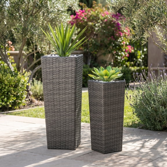 Set of 2 Grey Rattan Flower Pots Tall Wicker Planters for Patio Garden Outdoor Indoor Decor 12 x 12 x 31.25 in