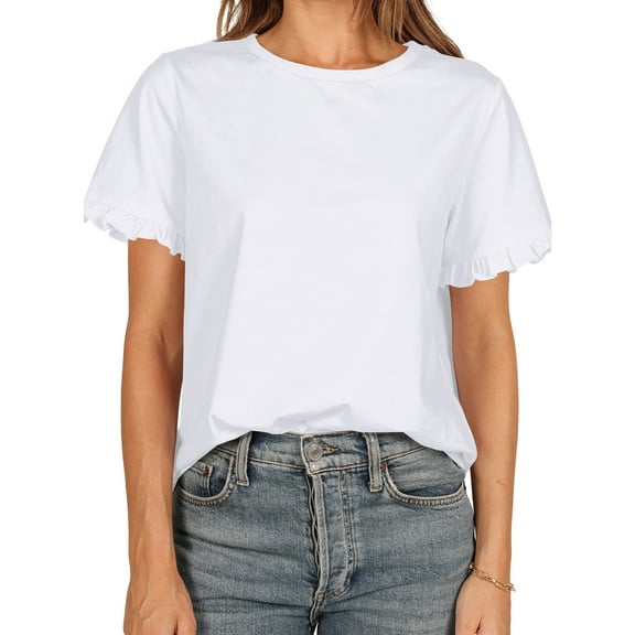 Liher Women Short Sleeve Casual T Shirts Summer Ruffle Plain Round Neck Loose Fit Tee Blouse Tops White XL