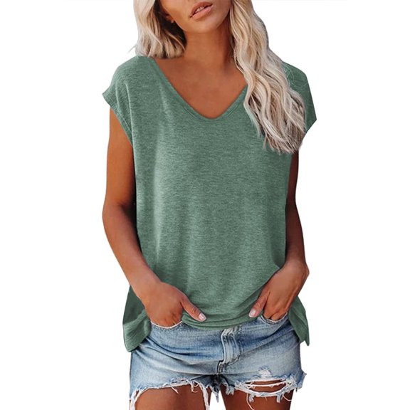 T Shirts For Women Womens Tops Cap Sleeve Summer Casual Tops V Neck Solid Color Casual Shirts Loose Fit Blouse