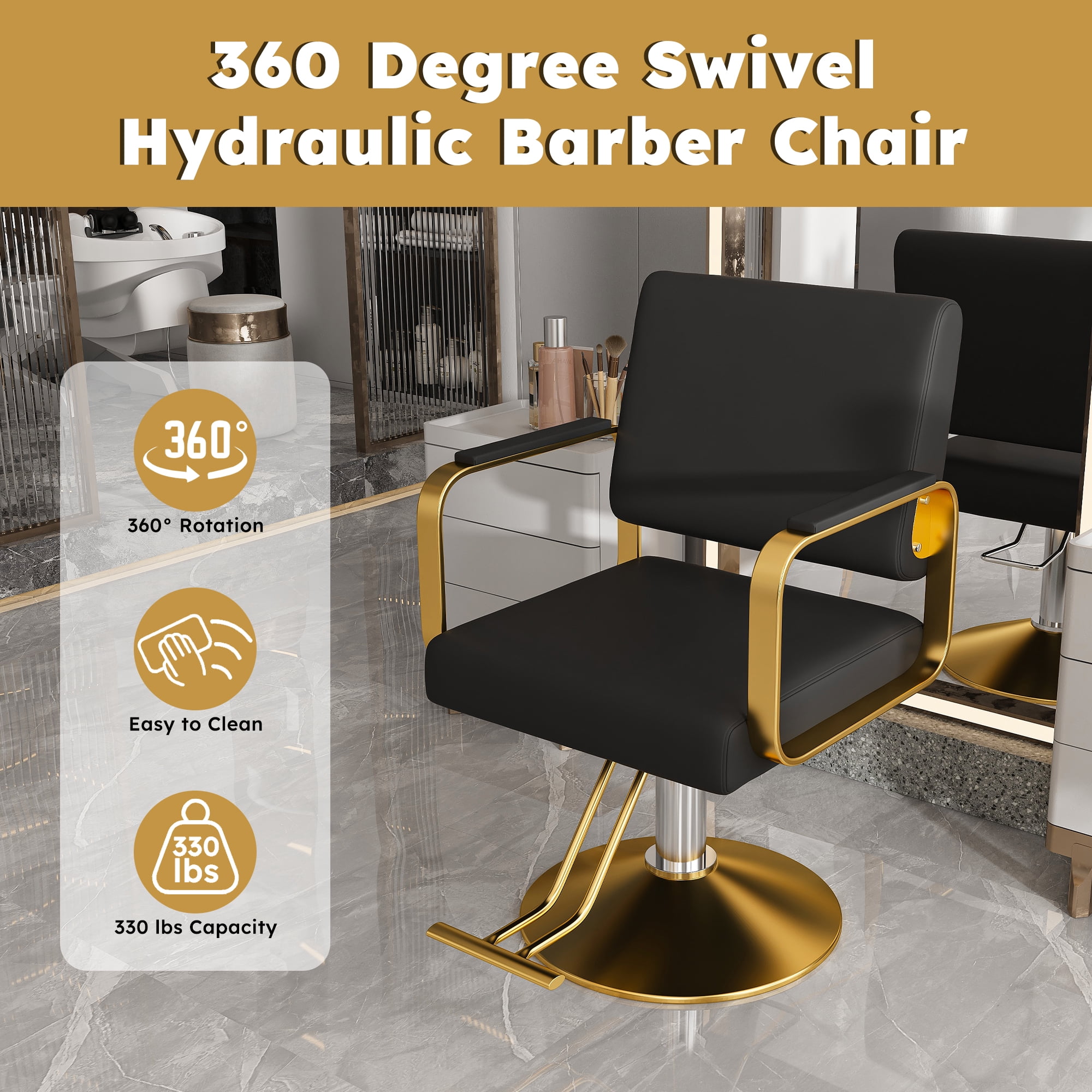 Yoneston 360°Swivel Salon Barber Chair, Rolling Stylist Chair with Heavy Duty Hydraulic Pump, Spa Beauty Equipment for Hair Stylist Women Man, Black+Gold