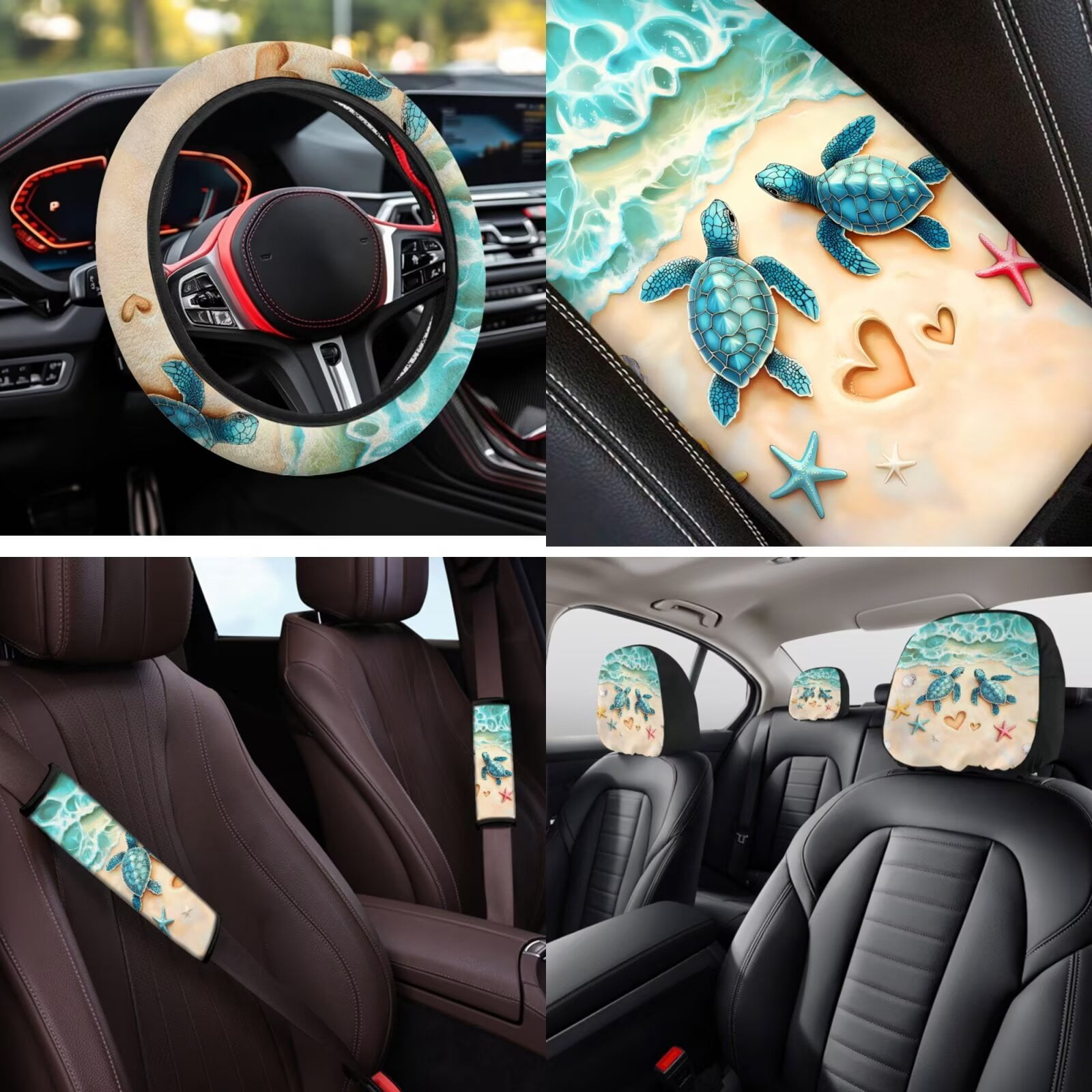 Uorisanigo Beach Turtle 14 Pack Car Seat Covers Sets Steering Wheel Cover and Center Console Cover Car Headrest Cover Auto Seat Belt Cover Water Cup Pad Keychain Soft Personalized Fit Car SUV