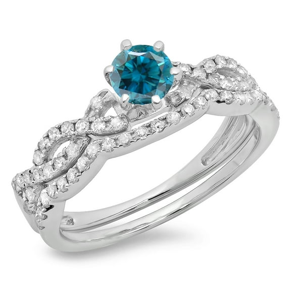 Dazzlingrock Collection 0.90 Carat (ctw) 14K Blue & White Diamond Bridal Twisted Swirl Engagement Ring Set, White Gold, Size 5
