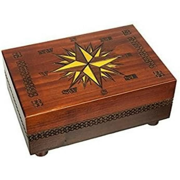Cartography Box Polish Handmade Linden Wood Compass Rose Secret Opening Box