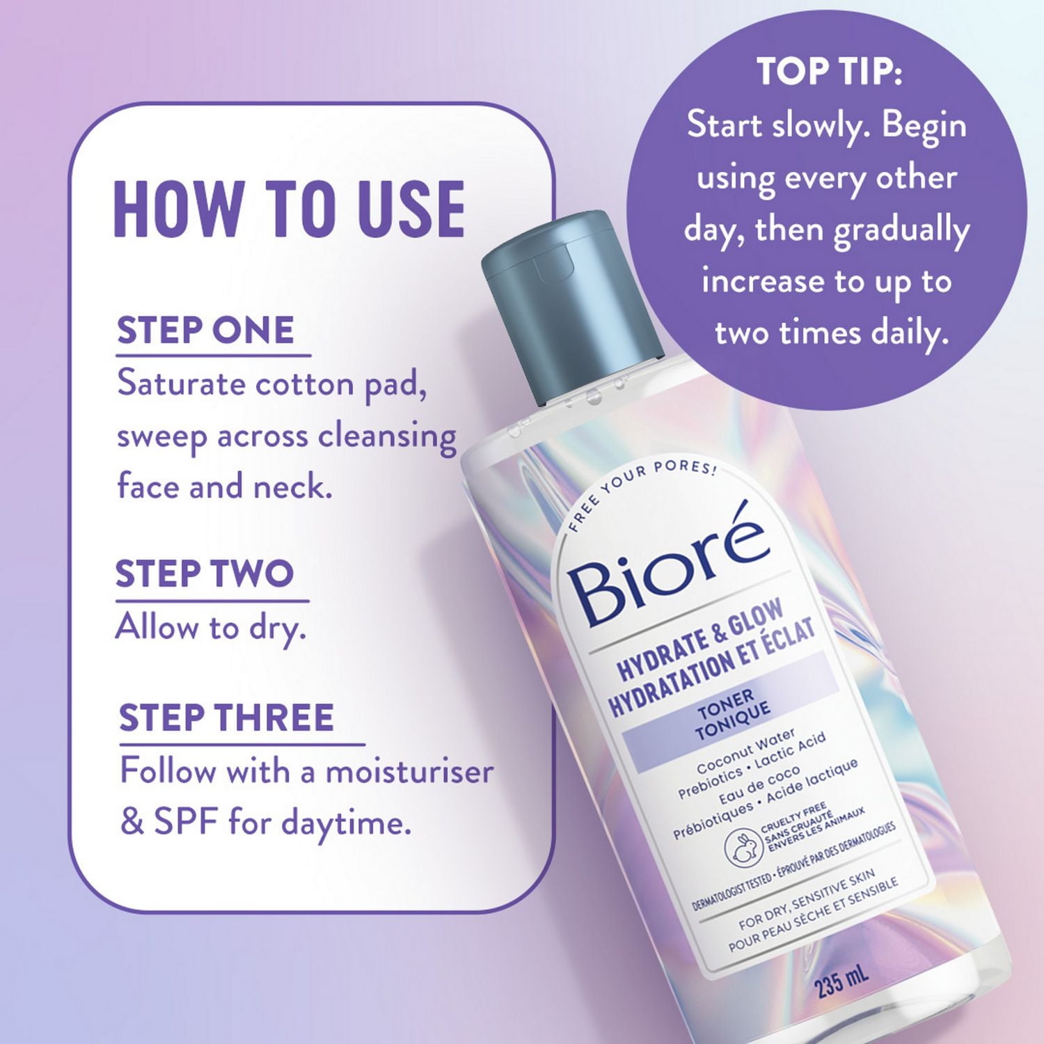 Bioré Hydrate & Glow Toner, with Coconut Water, Prebiotics & Lactic Acid, for Dry, Sensitive Skin, 235 mL