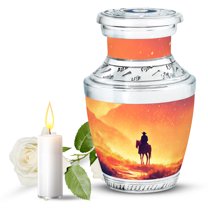 JAGASY Cowboy Urn for Ashes Adult Male & Female, Orange Urn for Ashes for Women, Horse Mountain & Raining Clouds Decorative Urns for Mother - Funeral Cremation Urns for Father - (3 Inch)