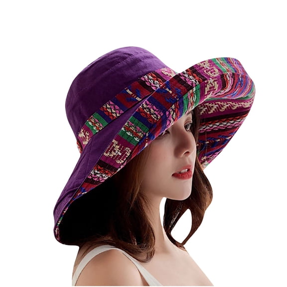 ZQUUVOU Women's Wide Brim Sun Hat Bohemian Vintage Reversible Bucket Hats UPF Sun Protection Outdoor Beach Hiking Travel Purple
