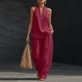 thumbnail image 2 of Sewkxo Womens Linen 2 Piece Sets Fashion Sleeveless V Neck Halter Top Matching Baggy Wide Leg Pants Set Summer Casual Outfits,Wine L, 2 of 9