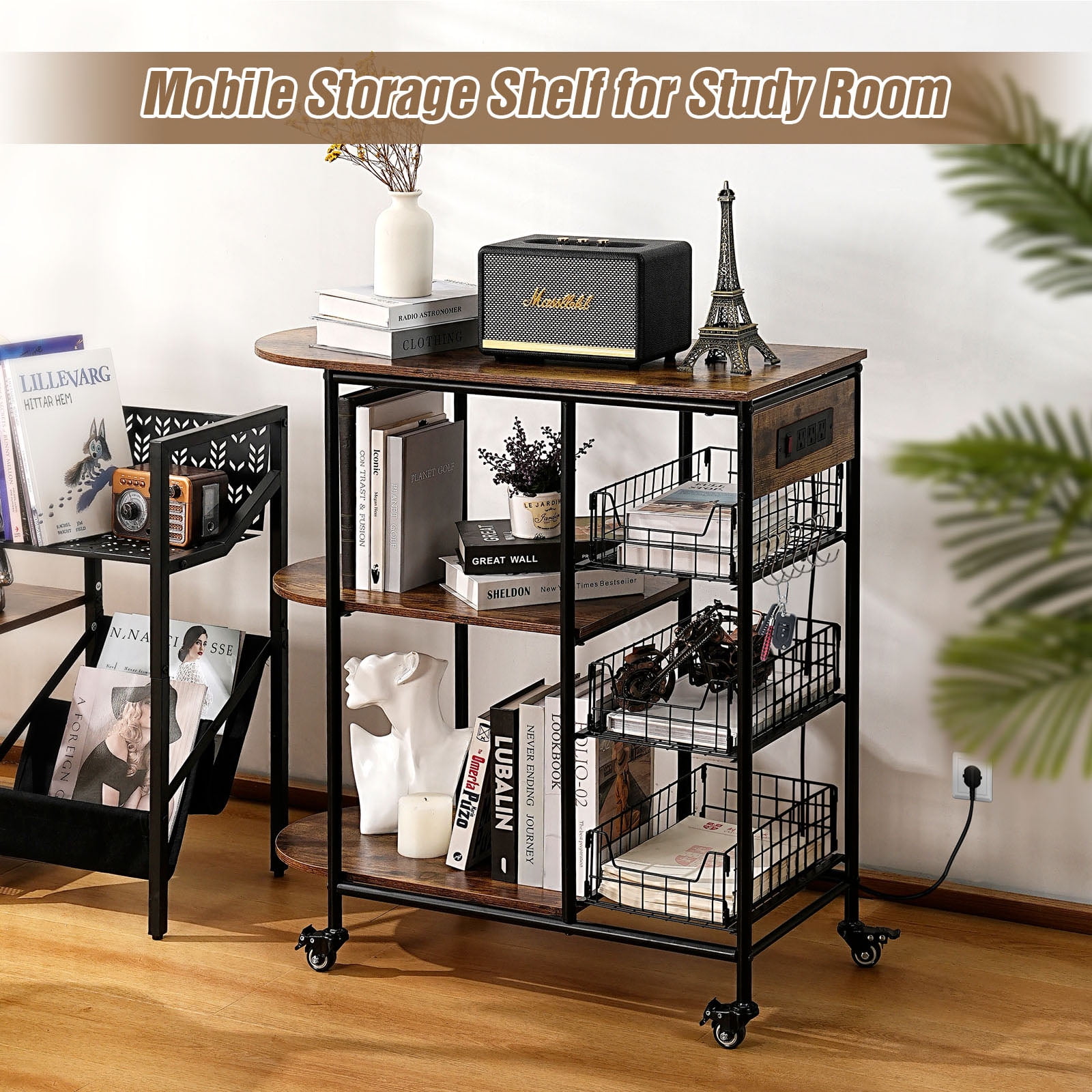 ZZBIQS Bakers Rack with Power Outlet,Rolling Kitchen Island on Wheels for Oven Microwaves,Coffee Bar Table Storage Shelves, 32.7*14.2*33.9 inches,Brown