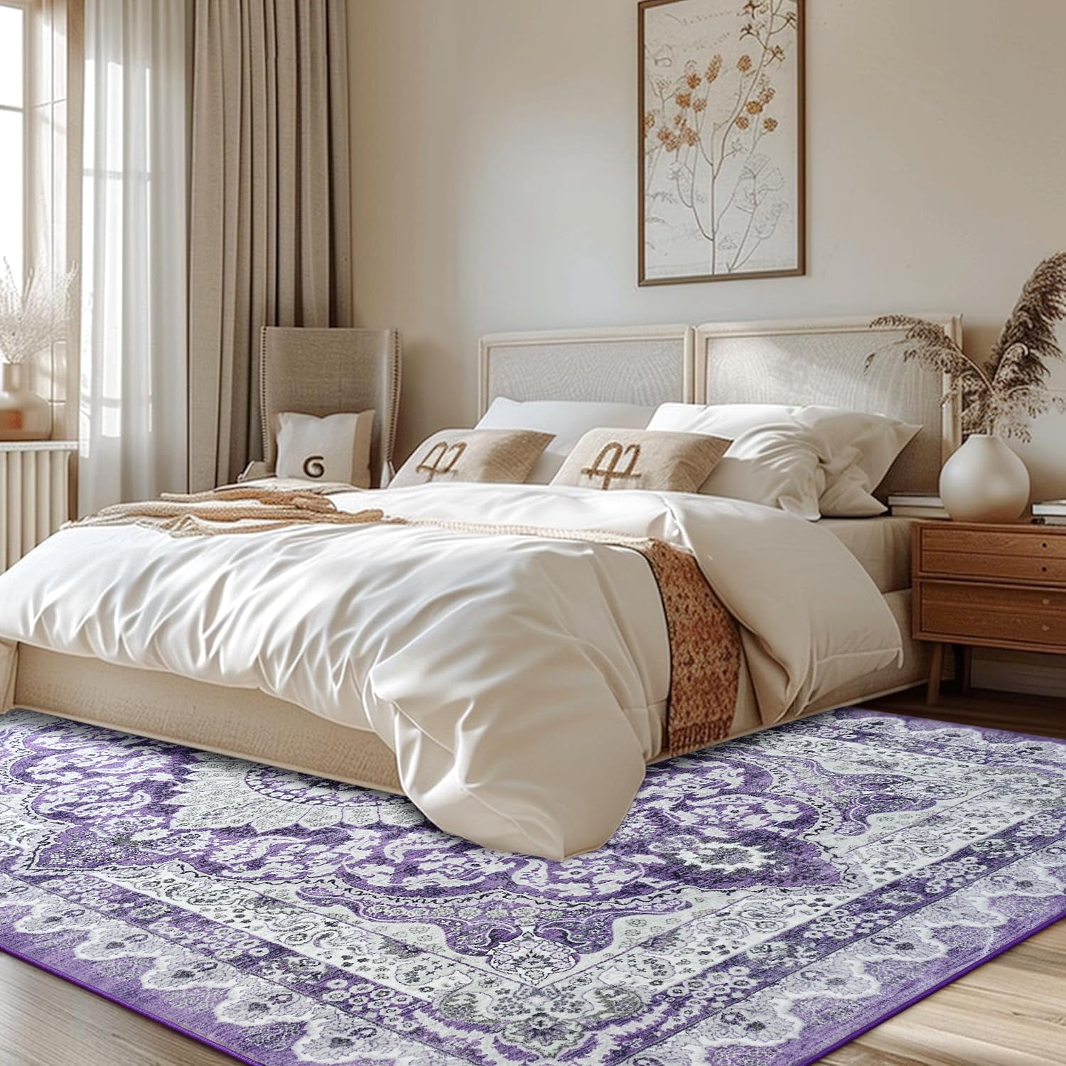 Ultrug Vintage Floral Print Rugs Soft Boho Carpet Retro Distressed Area Rug for Living Room Bedroom Home Decor,6'x9',Purple