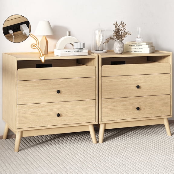 IDEALSOUL Nightstand Set of 2, 24 inch End Side Table with Hidden Charging Station, Large Wooden Night Stand for Bedroom Furniture(2pcs, Wood color)