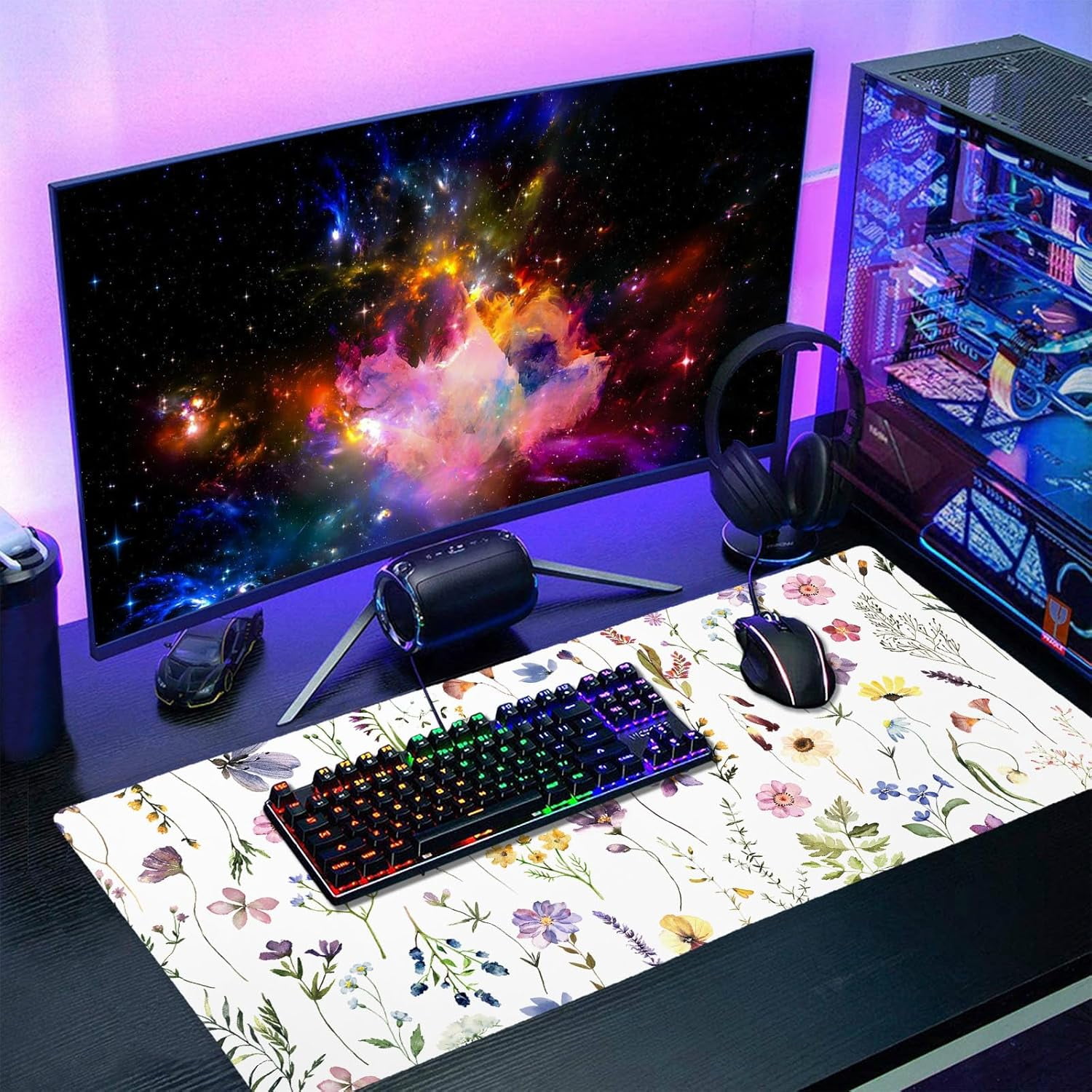 Pretty Flowers Mouse Pad XXL Cute Floral Chic Plant Spring Summer Extended Table Mat 90X40 CM Non-Slip Rubber Base Stitched Edge Large Mousepad for Gaming Laptop Computer Desk Top 35.4×15.7 Inch
