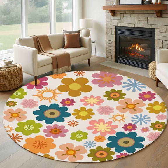 Round Rug 7Ft Washable Non-Slip, Vintage Boho Floral Circle Area Rugs for Living Room Bedroom, Yellow Pink Floral Bohemia Beige Indoor Floor Mats Carpet Runner for Home Decor Aesthetic
