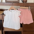 thumbnail image 4 of Girls 2 Piece Outfits Children Summer Sets Little Girls Short Sleeve T Shirt Elastic Waist Drawstring Shorts Solid Color Soft Comfortable Stretchy Sports Pink 8-9 Years, 4 of 7