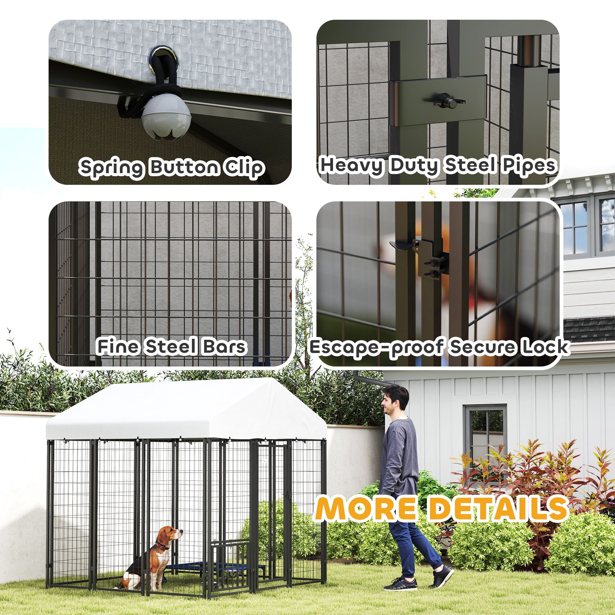 PawHut Outdoor Dog Kennel with Roof, 5.9' x 5.9' x 6' Heavy Duty Welded Wire Dog Playpen Fence with Rotating & 4-Level Adjustable Feeding Bowls