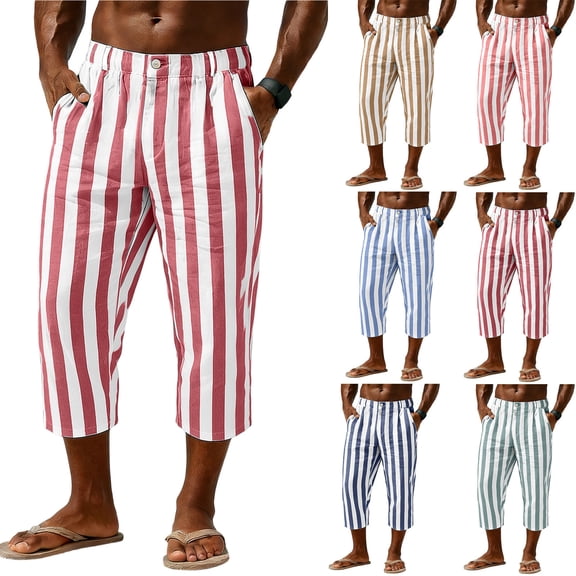Men's Linen Pants Casual Elastic Waist Button Fly Cropped Trousers, Comfortable Straight Leg Pants with Pockets, Drawstring Lightweight Breathable Summer Travel Beach | AESTIVO,Dark Blue L