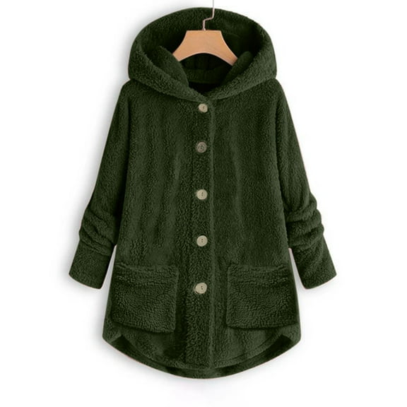 UTTOASFAY Women Coats Plus Size Clearance Women Plus Size Button Plush Tops Hooded Loose Cardigan Wool Coat Winter Jacket Rollbacks Army Green 10(M)