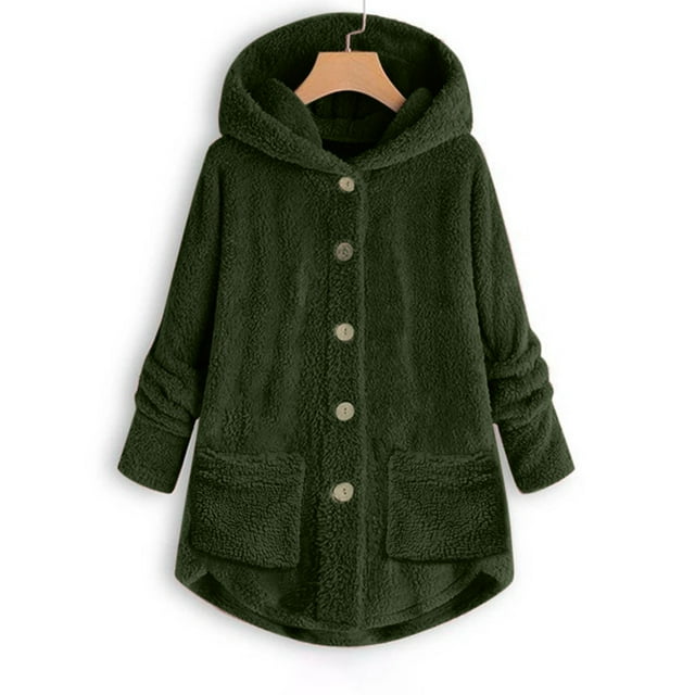 Qertyioot Women Plus Size Button Plush Tops Hooded Loose Cardigan Wool Coat Winter Jacket