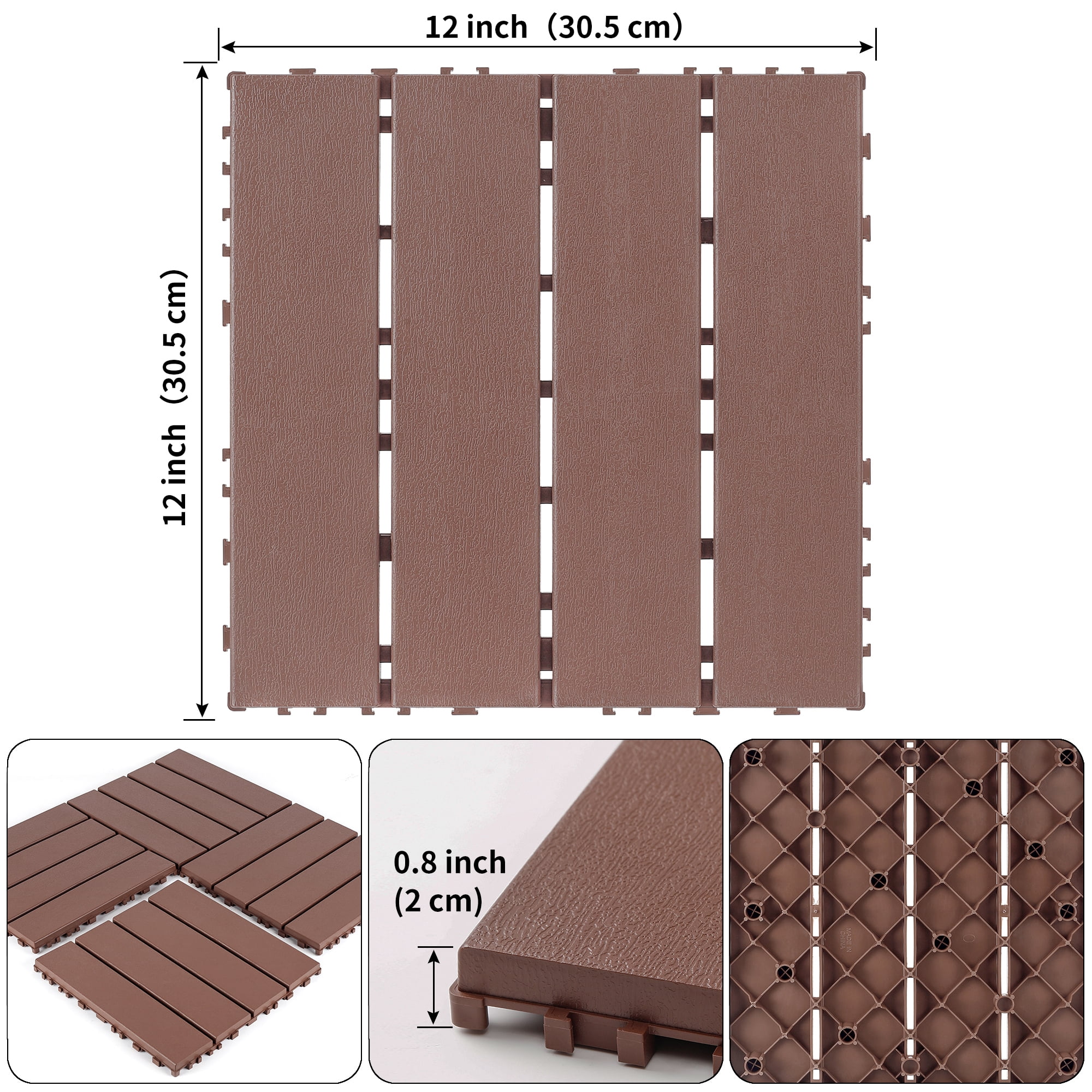 44 Pack Plastic Interlocking Deck Tiles,12"x12" Waterproof Indoor/Outdoor Floor Tiles,All-Weather Patio Floor Decking Tiles for Garden,Lawn,Porch,Poolside,Balcony,Striped 02,Brown