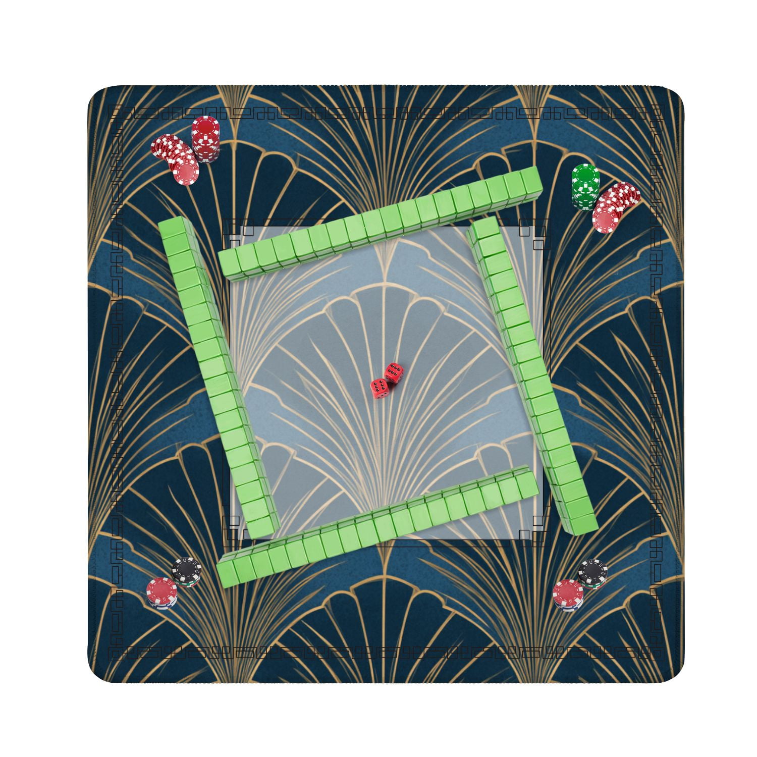 Mahjong Mat 31.5" x 31.5" Golden elements blue seamless Art style Non-Slip Noise Reduction American Mahjong Tiles Table Cover for Dominoes Poker Card Board Games Gift