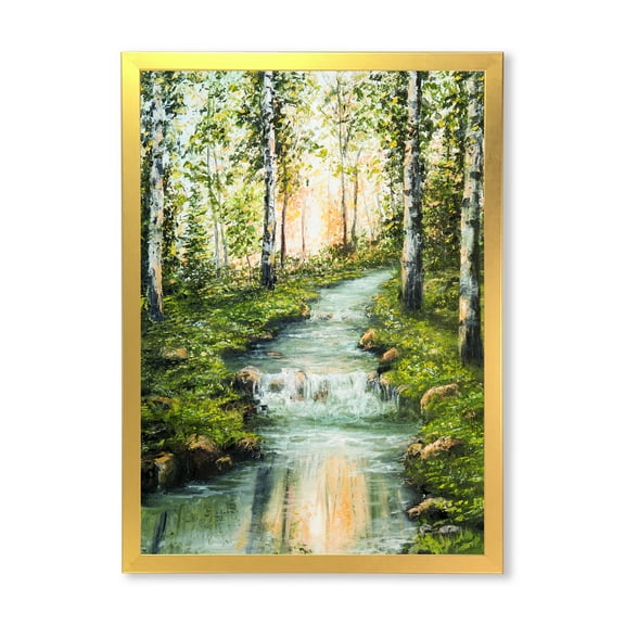 Designart 'River Through Green Birch Forest' Lake House Framed Art Print