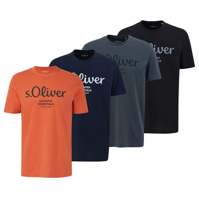 s.Oliver Camiseta para hombre, pack de 4 - básica, estampado logo, cuello redondo, algodón Rojo claro/Azul oscuro/Gris oscuro/Negro M (Medium)