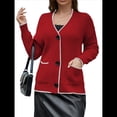 thumbnail image 2 of Suéter de Larga con Bloques de Color para Mujer, Abrigo Informal de Otoño con Botones y Bolsillo Rojo L, 2 of 8