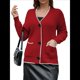 thumbnail image 2 of Suéter de Larga con Bloques de Color para Mujer, Abrigo Informal de Otoño con Botones y Bolsillo Rojo M, 2 of 8