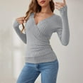thumbnail image 3 of Women's Long Sleeve Tops Fashion Slim Button Knit Blouses Lightweight Basic Business Sweaters Solid Color Long Sleeved V-Neck Pullover Top, 3 of 6