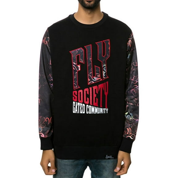 Fly Society Mens The Geo Crewneck Sweatshirt, Black, X-Large