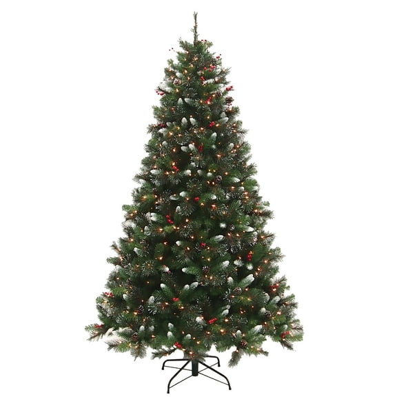 7 ft Mixed Hinged Artificial Christmas Tree with Glitter Accents, Red Berries, Pine Cones and 450 LED Lights
