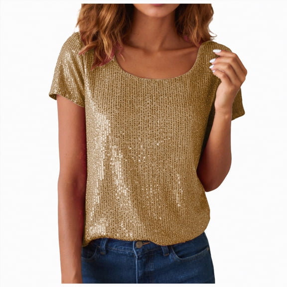 mgoYE Women's Sparkly Sequin Tops Short Sleeve Crew Neck Shirt Party Club Blouse(Gold,XL)