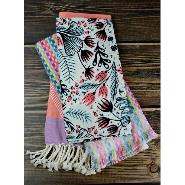 Peach And Oak Assorted Kitchen Towel Bundle Multi Colored Terry Multi Tea Coral Woven Coral 3 Pack 1 Each Walmart Com Walmart Com
