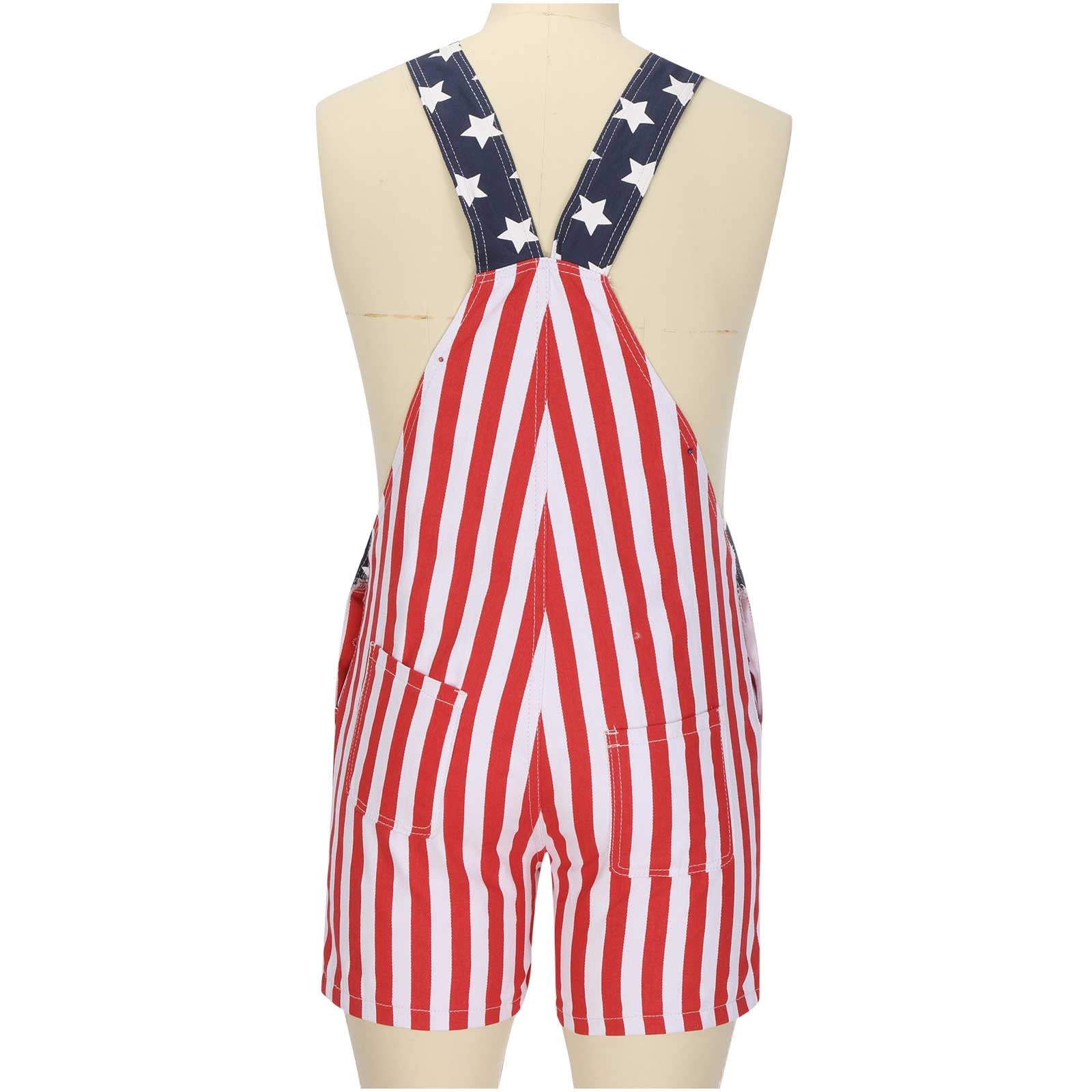 OWMEOT USA Flag Bib Overalls Mens Summer Denim Shorts Star Striped Jean Romper Patriotic Jumpsuit with Front Pocket