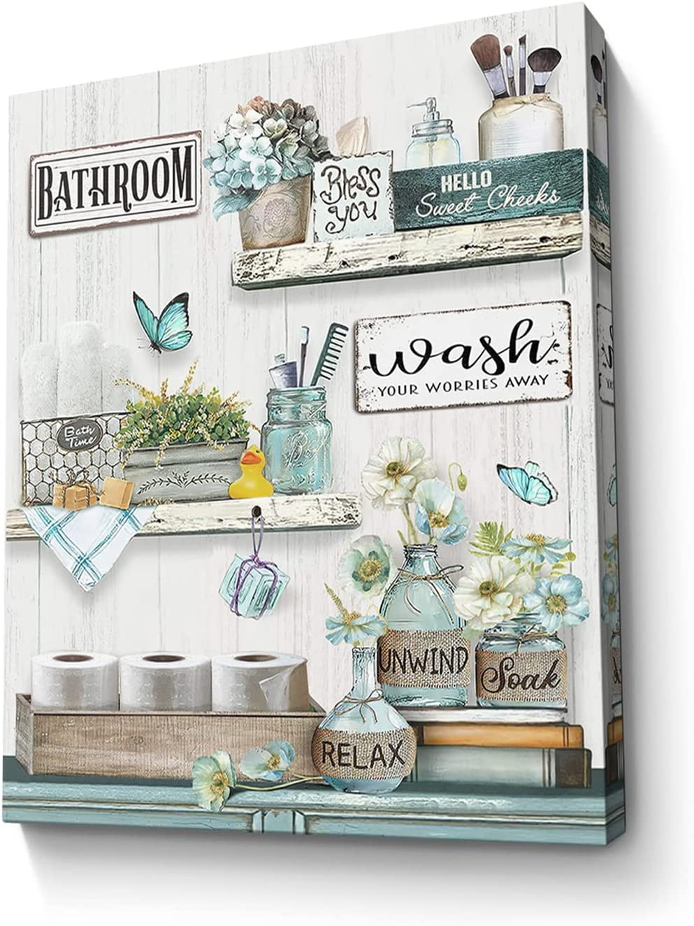 Farmhouse Bathroom Decor Wall Art Teal Flower Bathroom Rustic Picture